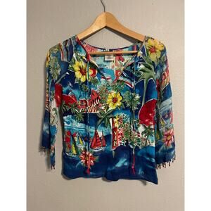 Vintage Womens Top Medium Tropical All Over Print Sleeve Beaded Hem Artsy Y2K